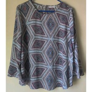 Charter Club Women's L Navy Blue White Multi Pullover Bell Sleeve 100%‎ Poly Top